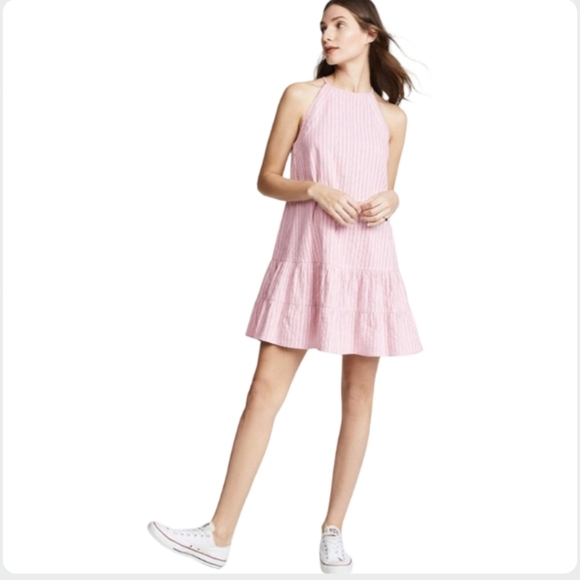 Rebecca Taylor Pink Striped Halter Dress Tiered Ruffle Hem Size 8 - Picture 3 of 12